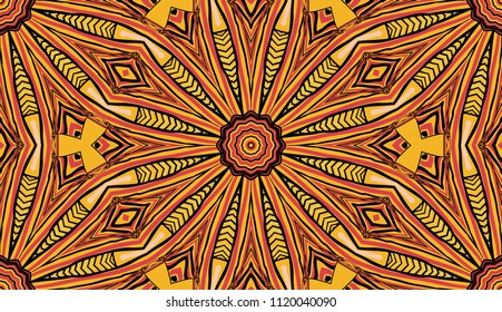 Seamless striped vector pattern. Colored decorative repainting background with tribal and ethnic motifs. Abstract geometric roughly hatched detailed shapes with black contour.