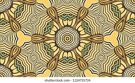 Seamless striped vector pattern. Colored decorative repainting background with tribal and ethnic motifs. Abstract geometric roughly hatched detailed shapes with black contour.