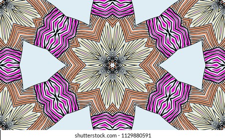 Seamless striped vector pattern. Colored decorative repainting background with tribal and ethnic motifs. Abstract geometric roughly hatched detailed shapes with black contour.