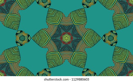 Seamless striped vector pattern. Colored decorative repainting background with tribal and ethnic motifs. Abstract geometric roughly hatched detailed shapes with black contour.