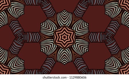 Seamless striped vector pattern. Colored decorative repainting background with tribal and ethnic motifs. Abstract geometric roughly hatched detailed shapes with black contour.