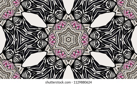 Seamless striped vector pattern. Colored decorative repainting background with tribal and ethnic motifs. Abstract geometric roughly hatched detailed shapes with black contour.