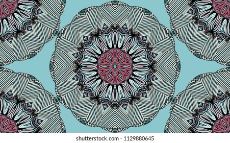 Seamless striped vector pattern. Colored decorative repainting background with tribal and ethnic motifs. Abstract geometric roughly hatched detailed shapes with black contour.