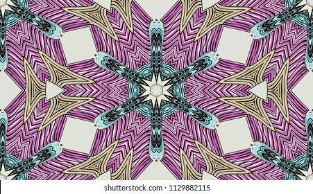 Seamless striped vector pattern. Colored decorative repainting background with tribal and ethnic motifs. Abstract geometric roughly hatched detailed shapes with black contour.
