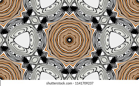 Seamless striped vector pattern. Colored decorative repainting background with tribal and ethnic motifs. Abstract geometric roughly hatched detailed shapes with black contour.