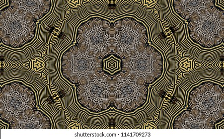 Seamless striped vector pattern. Colored decorative repainting background with tribal and ethnic motifs. Abstract geometric roughly hatched detailed shapes with black contour.