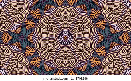 Seamless striped vector pattern. Colored decorative repainting background with tribal and ethnic motifs. Abstract geometric roughly hatched detailed shapes with black contour.
