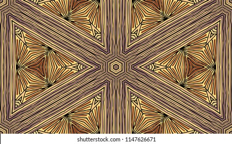 Seamless striped vector pattern. Colored decorative repainting background with tribal and ethnic motifs. Abstract geometric roughly hatched detailed shapes with black contour.