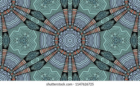 Seamless striped vector pattern. Colored decorative repainting background with tribal and ethnic motifs. Abstract geometric roughly hatched detailed shapes with black contour.