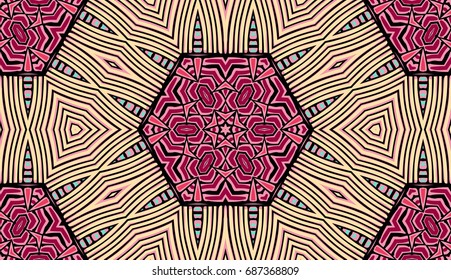 Seamless striped vector pattern. Colored decorative repainting background with tribal and ethnic motifs. Abstract geometric roughly hatched shapes. Circular design.