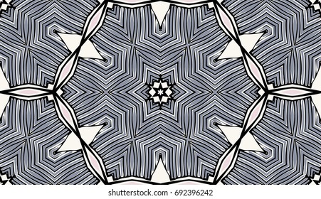 Seamless striped vector pattern. Colored decorative repainting background with tribal and ethnic motifs. Abstract geometric roughly hatched shapes. Circular design.
