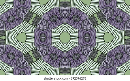 Seamless striped vector pattern. Colored decorative repainting background with tribal and ethnic motifs. Abstract geometric roughly hatched shapes. Circular design.