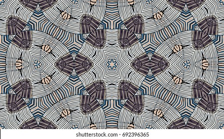 Seamless striped vector pattern. Colored decorative repainting background with tribal and ethnic motifs. Abstract geometric roughly hatched shapes. Circular design.