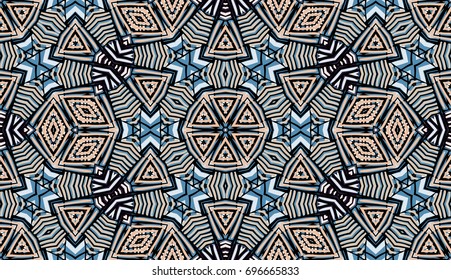 Seamless striped vector pattern. Colored decorative repainting background with tribal and ethnic motifs. Abstract geometric roughly hatched shapes. Circular design.