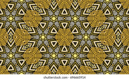 Seamless striped vector pattern. Colored decorative repainting background with tribal and ethnic motifs. Abstract geometric roughly hatched shapes. Circular design.
