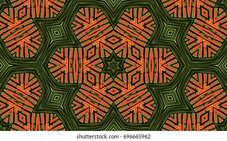 Seamless striped vector pattern. Colored decorative repainting background with tribal and ethnic motifs. Abstract geometric roughly hatched shapes. Circular design.