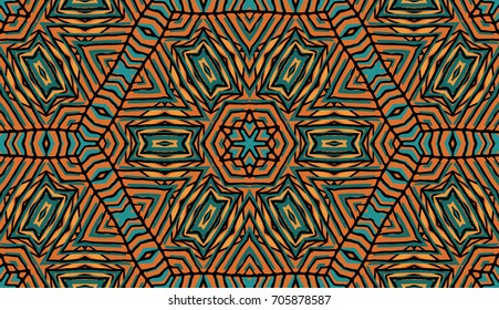 Seamless striped vector pattern. Colored decorative repainting background with tribal and ethnic motifs. Abstract geometric roughly hatched shapes. Circular design.
