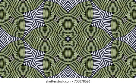 Seamless striped vector pattern. Colored decorative repainting background with tribal and ethnic motifs. Abstract geometric roughly hatched shapes. Circular design.