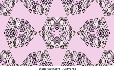 Seamless striped vector pattern. Colored decorative repainting background with tribal and ethnic motifs. Abstract geometric roughly hatched shapes. Circular design.
