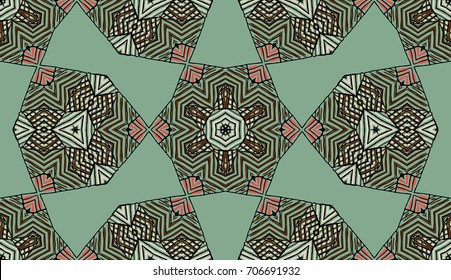 Seamless striped vector pattern. Colored decorative repainting background with tribal and ethnic motifs. Abstract geometric roughly hatched shapes. Circular design.