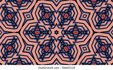 Seamless striped vector pattern. Colored decorative repainting background with tribal and ethnic motifs. Abstract geometric roughly hatched shapes. Circular design.