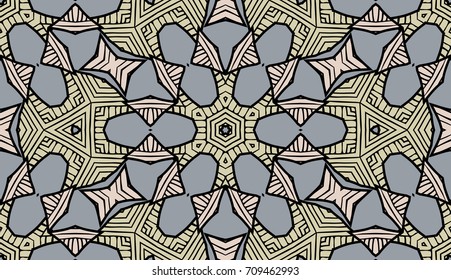 Seamless striped vector pattern. Colored decorative repainting background with tribal and ethnic motifs. Abstract geometric roughly hatched shapes. Circular design.