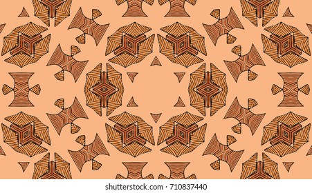 Seamless striped vector pattern. Colored decorative repainting background with tribal and ethnic motifs. Abstract geometric roughly hatched shapes. Circular design.
