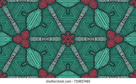 Seamless striped vector pattern. Colored decorative repainting background with tribal and ethnic motifs. Abstract geometric roughly hatched shapes. Circular design.