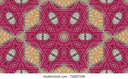 Seamless striped vector pattern. Colored decorative repainting background with tribal and ethnic motifs. Abstract geometric roughly hatched shapes. Circular design.