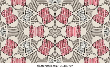 Seamless striped vector pattern. Colored decorative repainting background with tribal and ethnic motifs. Abstract geometric roughly hatched shapes. Circular design.