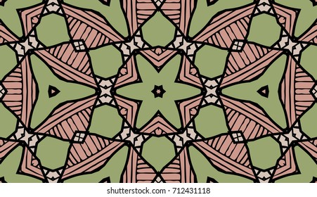 Seamless striped vector pattern. Colored decorative repainting background with tribal and ethnic motifs. Abstract geometric roughly hatched shapes. Circular design.