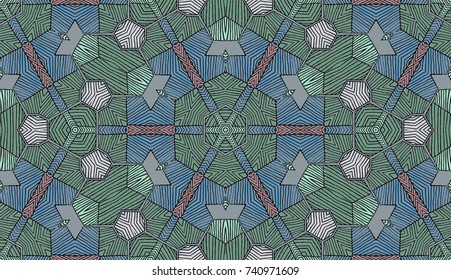 Seamless striped vector pattern. Colored decorative repainting background with tribal and ethnic motifs. Abstract geometric roughly hatched shapes. Circular design.