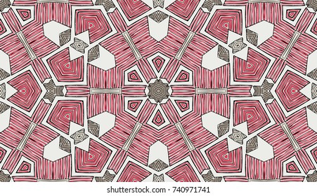 Seamless striped vector pattern. Colored decorative repainting background with tribal and ethnic motifs. Abstract geometric roughly hatched shapes. Circular design.