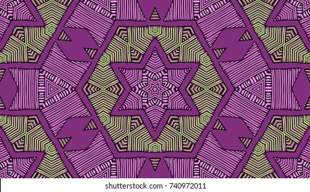 Seamless striped vector pattern. Colored decorative repainting background with tribal and ethnic motifs. Abstract geometric roughly hatched shapes. Circular design.