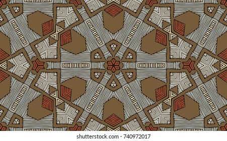 Seamless striped vector pattern. Colored decorative repainting background with tribal and ethnic motifs. Abstract geometric roughly hatched shapes. Circular design.