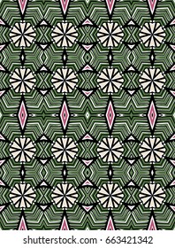 Seamless striped vector pattern. Vintage colored decorative repainting background with tribal and ethnic motifs. Abstract geometric roughly hatched shapes colored with hand drawn brush stokes.