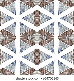Seamless striped vector pattern. Vintage colored decorative repainting background with tribal and ethnic motifs. Abstract geometric roughly hatched shapes colored with hand drawn brush stokes.
