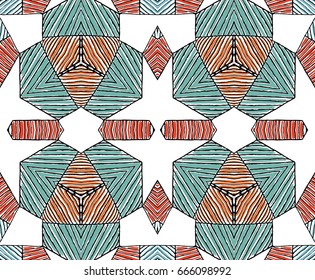 Seamless striped vector pattern. Vintage colored decorative repainting background with tribal and ethnic motifs. Abstract geometric roughly hatched shapes colored with hand drawn brush stokes.