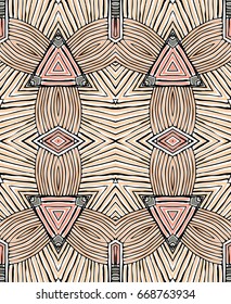 Seamless striped vector pattern. Vintage colored decorative repainting background with tribal and ethnic motifs. Abstract geometric roughly hatched shapes colored with hand drawn brush stokes.