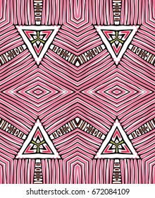 Seamless striped vector pattern. Vintage colored decorative repainting background with tribal and ethnic motifs. Abstract geometric roughly hatched shapes colored with hand drawn brush stokes.