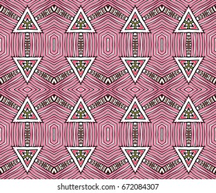 Seamless striped vector pattern. Vintage colored decorative repainting background with tribal and ethnic motifs. Abstract geometric roughly hatched shapes colored with hand drawn brush stokes.