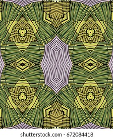Seamless striped vector pattern. Vintage colored decorative repainting background with tribal and ethnic motifs. Abstract geometric roughly hatched shapes colored with hand drawn brush stokes.