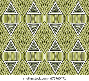 Seamless striped vector pattern. Vintage colored decorative repainting background with tribal and ethnic motifs. Abstract geometric roughly hatched shapes colored with hand drawn brush stokes.