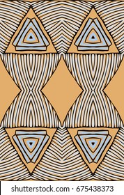 Seamless striped vector pattern. Vintage colored decorative repainting background with tribal and ethnic motifs. Abstract geometric roughly hatched shapes colored with hand drawn brush stokes.