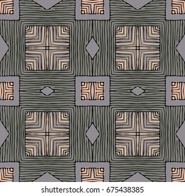 Seamless striped vector pattern. Vintage colored decorative repainting background with tribal and ethnic motifs. Abstract geometric roughly hatched shapes colored with hand drawn brush stokes.