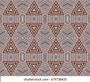 Seamless striped vector pattern. Vintage colored decorative repainting background with tribal and ethnic motifs. Abstract geometric roughly hatched shapes colored with hand drawn brush stokes.