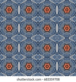 Seamless striped vector pattern. Vintage colored decorative repainting background with tribal and ethnic motifs. Abstract geometric roughly hatched shapes colored with hand drawn brush stokes.