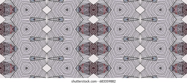Seamless striped vector pattern. Vintage colored decorative repainting background with tribal and ethnic motifs. Abstract geometric roughly hatched shapes colored with hand drawn brush stokes.