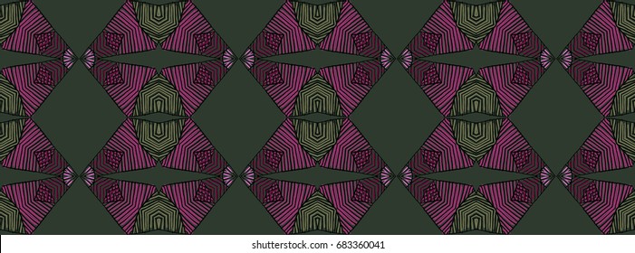 Seamless striped vector pattern. Vintage colored decorative repainting background with tribal and ethnic motifs. Abstract geometric roughly hatched shapes colored with hand drawn brush stokes.