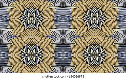 Seamless striped vector pattern. Vintage colored decorative repainting background with tribal and ethnic motifs. Abstract geometric roughly hatched shapes colored with hand drawn brush stokes.